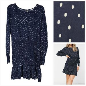 Topshop Shirred Mini Dress Navy Blue Polka Dot Long Sleeve Frilly Ruffle Keyhole
